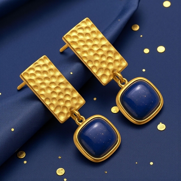 ποΈGold Plated Hammered Geometric Earrings with Lapis Lazuli Genuine Stone β¨ - Picture 5 of 11